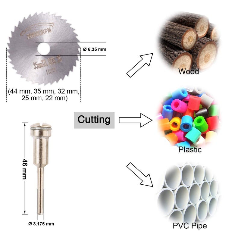 GOXAWEE 53pcs Cutting Wheel Set for Rotary Tool, GOXAWEE 1/8â€™â€™ Shank 545 Diamond Cutting Wheel, Mini HSS Cut Off Saw Blades, Resin Cutting Discs with Mandrels for Stone Wood Metal - Image 2